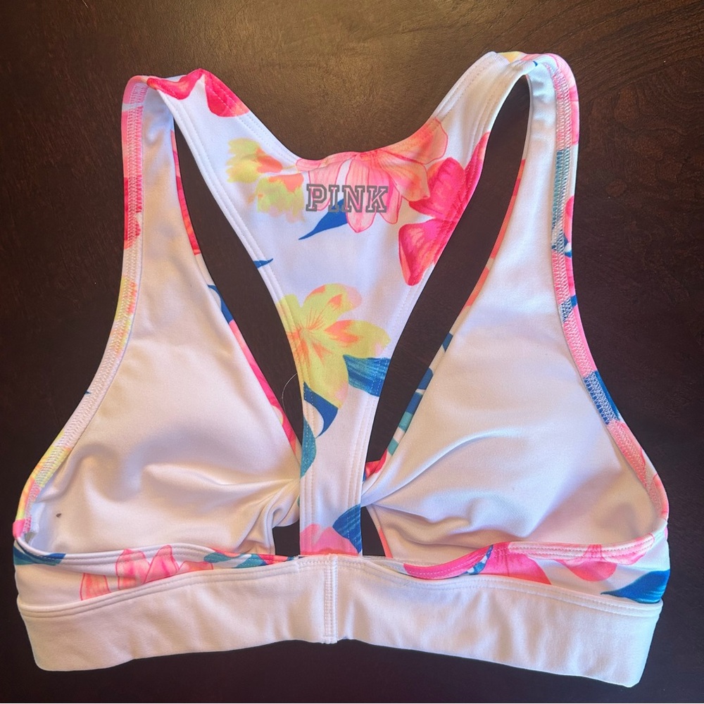 PINK Victoria's Secret White Tropical Floral Print Twist Sports Bra Gym to Swim - Picture 3 of 4